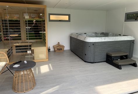 Hot Tub Canopy | Bakers Garden Buildings Sauna And Jacuzzi Room, Home Sauna And Jacuzzi, Indoor Hot Tub And Sauna, Home Sauna And Hot Tub, Hot Tub Changing Room, Jacuzzi And Sauna Indoor, Sauna Jacuzzi Room, Indoor Spa Ideas, Garage Hot Tub Ideas