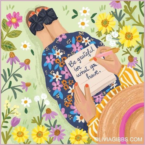 The list of New Year‘s resolutions has turned into one of the most popular traditions wor Happy Things Pictures, Happy Life Drawing, Inspirational Pictures Art, Happy Words Inspiration, Grateful Illustration, Grateful Pictures, Paintings With Quotes, Olivia Gibbs, Happiness Illustration