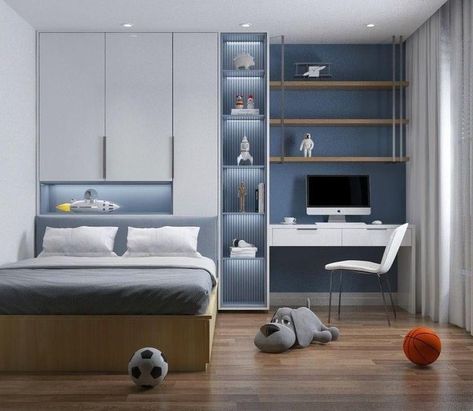 Blue And White Bedroom Modern, Kids Bedroom Design Modern, Kids Room Design Boys Bedroom Ideas, Small Kids Room Design, Bedroom Blue Ideas, White And Blue Bedroom Ideas, Small Bedroom Kids, Child Bedroom Design, Blue Kids Bedroom