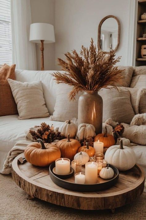 Fall Decor Ideas For Condo, Pumpkin Spice Decorations, Windowsill Fall Decor, Fall Inspired Decor, Minimal Fall Centerpieces, Autumn Decor Inspiration, Halloween Decor Inspo Living Room, Fall Florals Home Decor, Fall Apartment Decor Living Rooms Cozy