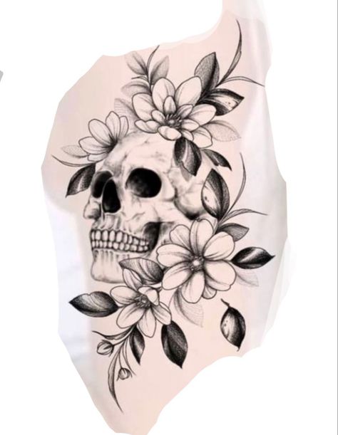 Skull Daisy Tattoo, Skull And Daisy Tattoo, Skull Flower Tattoo Women, Medusa Half Sleeve, Flower And Skull Tattoos, Skull And Flowers Tattoo Design, Skull With Flowers Tattoo, Skull Flower Tattoo, Pretty Skull Tattoos