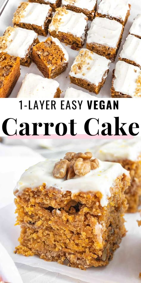 Despite having less sugar, less oil, and no eggs, this cake's taste is incredible and rich, and the texture is light and moist, just like the carrot cake of your best dreams. Healthier Carrot Cake, Carrot Cake Vegan, Ella Vegan, Vegan Carrot Cake Recipe, Carrot Cake Recipes, Carrot Cake Bars, Carrot Cake Recipe Easy, Plant Based School, Vegan Carrot Cake