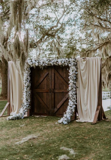 Ceremony doors | wedding ceremony doors | barn doors | wedding ceremony decor | wedding ceremony flowers | wedding ceremony elegant decor | wedding ceremony door entrance | champagne wedding colors | neutral wedding | southern wedding | outdoor ceremony | outdoor ceremony inspo | elegant wedding decor | outdoor wedding | outdoor ceremony decorations | ceremony floral inspo | elegant wedding floral | ceremony flowers | wood doors | wooden doors | barn doors | custom wood doors Wedding Door Entrance Outside, Outdoor Ceremony Entrance, Wedding Doors Outside Outdoor Ceremony, Wedding Doors Outside, Wooden Wedding Doors, Rustic Wedding Altar Outdoor Ceremony, Wedding Outdoor Doors, Rustic Door Wedding Entrance, Wedding Ceremony Seating Decor