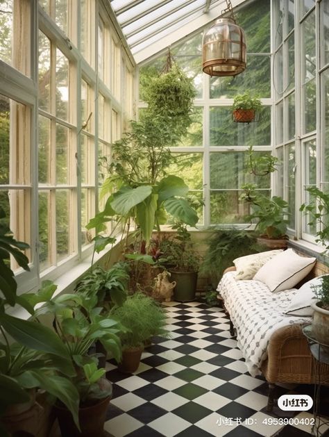 Conservatory Greenhouse Attached To House, Home With Conservatory, Green House Dining Area, Plants In Skylight, Home Solarium, Small Solarium, Tiny Conservatory, Summer House Ideas Interior, Cute Cottage Exterior