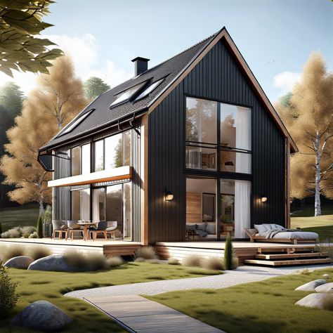 Scandinavian Farmhouse Style Exterior, Scandinavian A Frame House, Modern Scandinavian Home Exterior, Bloxburg Scandinavian House, Scandi House Plans, Scandinavian House Plans Nordic Design, Scandinavian Lake House, Scandinavian Cabin Exterior, Scandinavian Floor Plans