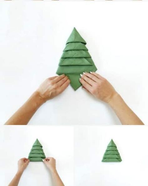 Amazing Folding Technique Turns Your Napkins into Christmas Trees Christmas Tree Napkin Fold, Christmas Tree Napkin, Christmas Dinner Table Settings, Christmas Napkin Folding, Fancy Napkin Folding, Tree Napkin, Paper Napkin Folding, Christmas Tree Napkins, Christmas Paper Napkins