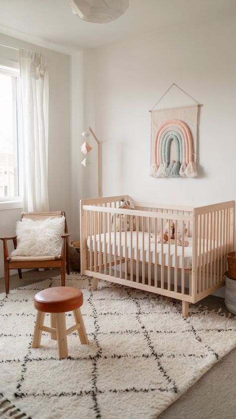 A boho-style baby girl nursery featuring a light wooden crib, a pastel rainbow wall hanging, a cozy shag rug with a geometric pattern, a rattan chair with a fluffy throw pillow, and a wooden stool with a leather seat. Cloud Themed Nursery, Wooden Crib, Nursery Inspiration Girl, Nursery Theme Ideas, Pastel Rainbow Wall, Toned Girls, Wooden Cribs, Dreamy Space, Baby Girl Nursery Ideas