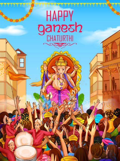 Indian people celebrating Lord Ganpati background for Ganesh Chaturthi festival of India. Illustration of Indian people celebrating Lord Ganpati background for vector illustration Ganpati Background, Ganesh Chaturthi Greetings, India Illustration, Ganesh Chaturthi Festival, Wedding Illustration Card, Ganesh Puja, Ganpati Bappa Wallpapers, People Celebrating, Ganpati Festival