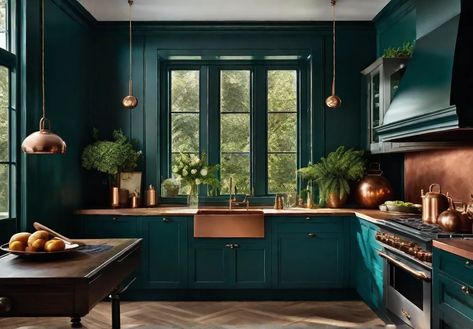 Deep teal kitchen walls framing a window with a view of a lush garden Teal And Green Kitchen, Dark Walls In Kitchen, Dark Green And Blue Color Palette, Deep Teal Kitchen, Dark Teal Kitchen Cabinets, Deep Teal Wall, Teal And White Kitchen, Dark Teal Kitchen, Teal Kitchen Ideas