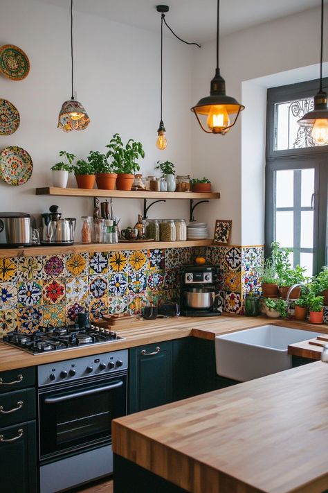 Small Boho Kitchen Ideas, Small Boho Kitchen, Portugal Kitchen, Patterned Backsplash, Modern Boho Kitchen, Earthy Kitchen, Moroccan Kitchen, Boho Kitchen Ideas, Tiny Kitchen Design