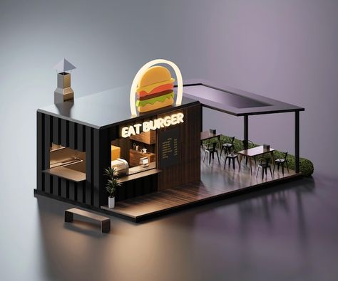 Isometric view minimal burger restaurant... | Premium Photo #Freepik #photo #background #food #design #city Burger Container Design, Burger Shop Design Ideas, Burger Kiosk Design, Burger Stall Design, Small Burger Shop Design, Burger Shop Interior Design, Burger Store Design, Burger Shop Design, Mini Restaurant Design