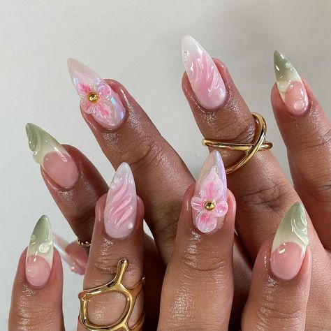 garden fairy freestyle 🌸🌿 loving all the spring setsssss @apresnailofficial medium natural stiletto | Instagram Almond Nails Designs Summer, Fake Acrylic Nails, Pink Tip Nails, Nail Goals, Basic Nails, Almond Nails Designs, Acrylic Nails Coffin Pink, Nails Set, Nail Idea