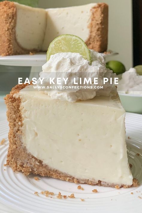 This is a slice of key lime pie topped with homemade whipped cream and a lime wheel. This pie is made with a graham cracker crust. Keylime Pie Recipe Easy, Keylime Pie Recipe Best, Easy Keylime Pie Recipe, Key Lime Pie Recipe Condensed Milk, Cool Whip Key Lime Pie Recipe, Condensed Milk Key Lime Pie, Thick Key Lime Pie, Traditional Key Lime Pie Recipe, Key Lime Pie With Condensed Milk