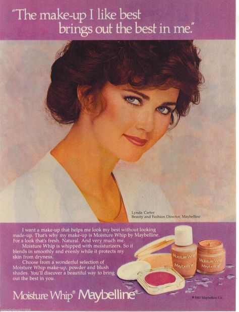 Maybelline Co, 1983 80’s Makeup, Maybelline Cosmetics, 1980s Fashion Women, Donna Mills, 1980’s Fashion, Beauty Ads, 80s Makeup, Vintage Advertising Art, Makeup Ads