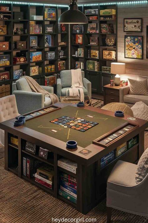 30 Amazing Basement Game Room Ideas - Hey Decor Girl [Latest Trending Decor Design Ideas] Open Game Room Ideas Layout, Game Room Bar Ideas Basement Designs, Playroom Rec Room Combo, Game Room Bookshelves, Basement Activity Room, Ttrpg Game Room, Basement Game Room Decor, Family Reading Room, Game Room Library