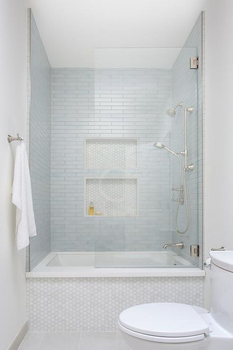 Marble Hex Tiles on Bathtub - Transitional - Bathroom Bathroom Tub Shower Combo, Bathtub Shower Combo, Bathroom With Tub, Bathroom Tub Shower, Bathtub Tile, Bad Inspiration, Bathroom Remodel Designs, Bathroom Remodel Shower, Tub Shower Combo