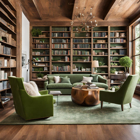 In a contemporary library bathed in muted light, Rustic furniture whispers stories of bygone nights. Sage green decor weaves tales, a tranquil reading delight. Wood Library Room, Wrap Around Library, Sage Green Library Aesthetic, Sage Green Library Room, Cosy Library Room, Sage Bookshelf, Green Library Aesthetic, Organic Library, Sage Green Bookshelf