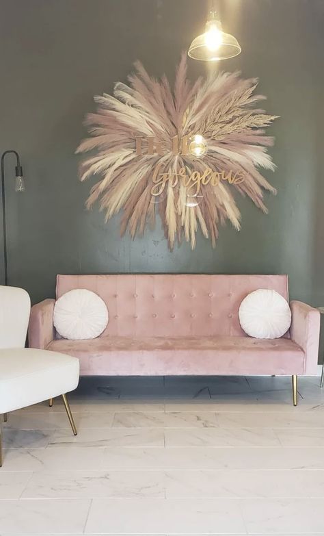 Salon Accent Wall, Pink Salon Decor, Gold Mirror Sign, Pink Beauty Room, Content Corner, Lash Studio Decor, Salon Suite Decor, Hair Influencer, Lash Room Ideas