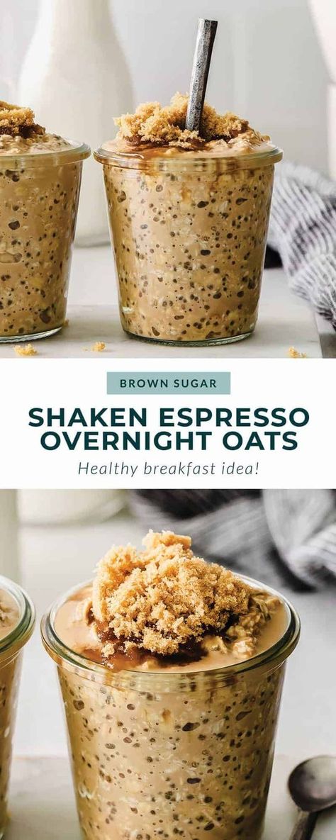 If you love Starbucks' Brown Sugar Shaken Espresso, you are going to love these overnight oats! They're made with espresso, chia seeds, almond milk, and brown sugar. Espresso Overnight Oats, Brown Sugar Shaken Espresso, Shaken Espresso, Espresso Recipes, Oat Recipes Healthy, Overnight Oats Recipe Healthy, Overnight Oats Healthy, Fit Foodie, Overnight Oatmeal