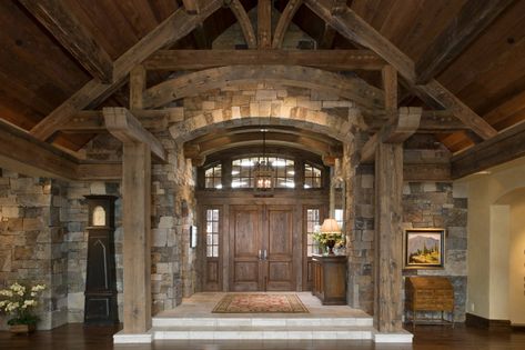 SPANO - Locati Architects & Interiors | Bozeman, Big Sky Architects Locati Architects, Rustic Entry Doors, Wyoming House, Rustic Foyer, House Foyer, Rustic Entry, Rustic Front Door, Timber Homes, Pretty Houses