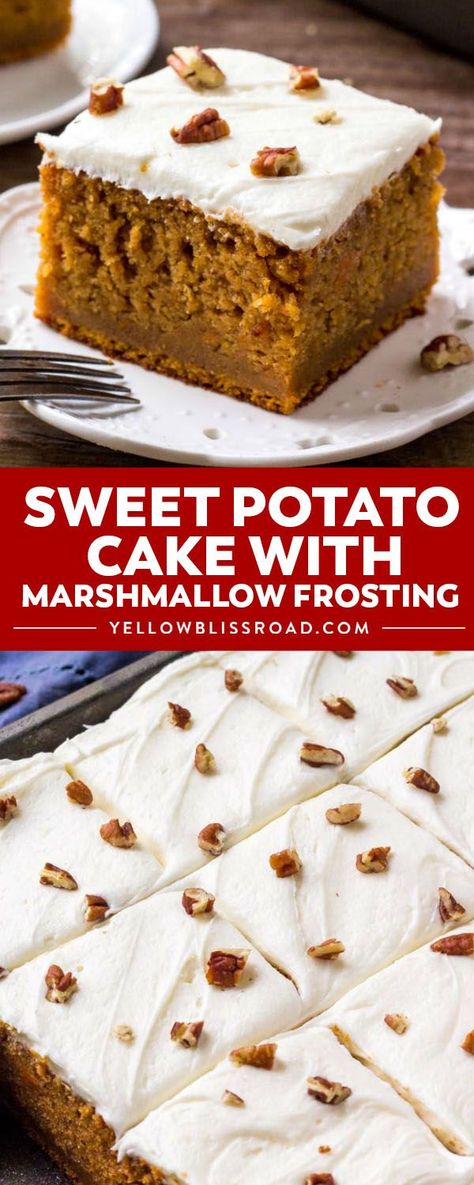 Southern Sweet Potato Cake Recipe, Cake With Marshmallow Frosting, Marshmallow Frosting Recipes, Sweet Potato Cake Recipe, Dessert Fall, Yellow Bliss Road, Marshmallow Buttercream, Thanksgiving Desserts Table, Dessert Oreo