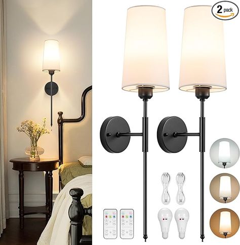 NookNova Battery Operated Wall Sconce Set of 2, Rechargeable Wall Sconce With Remote Dimmable Wireless Battery Powered Wall Lamp Decor Fixture For Bedroom Living Room White Fabric Shade Included Bulbs - Amazon.com Wireless Sconces, Battery Wall Lights, Gold Wall Lights, Black Wall Lights, Wood Tv Cabinet, Empty Nest, Sconces Bedroom, Room White, Ceiling Fan In Kitchen