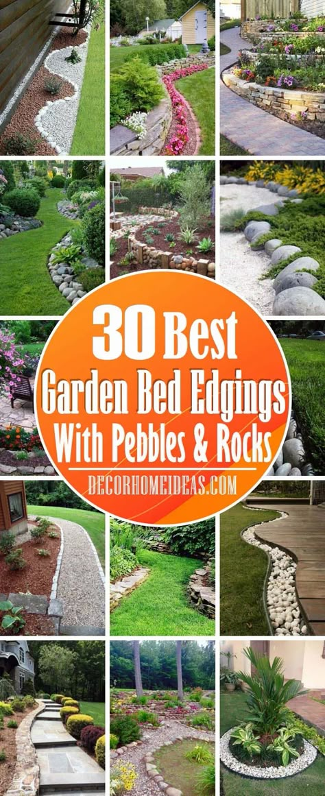 Rock Garden Edging Ideas, Pebble Landscaping Ideas, Rocks Decor, Rock Edging, Rock Flower Beds, Pebble Landscaping, Pebble Garden, Mulch Landscaping, River Rock Landscaping