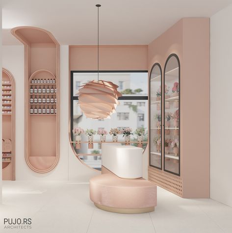 GIFT AND FLOWER SHOP on Behance Cosmetic Retail Design, Retail Shop Interiors, Beauty Shop Interior Design, Fancy Shop Interior Design, Luxury Shop Interior, Flower Shop Design Interiors, Gift Shop Interior Design, Blush Interior Design, Flower Shop Interior Design