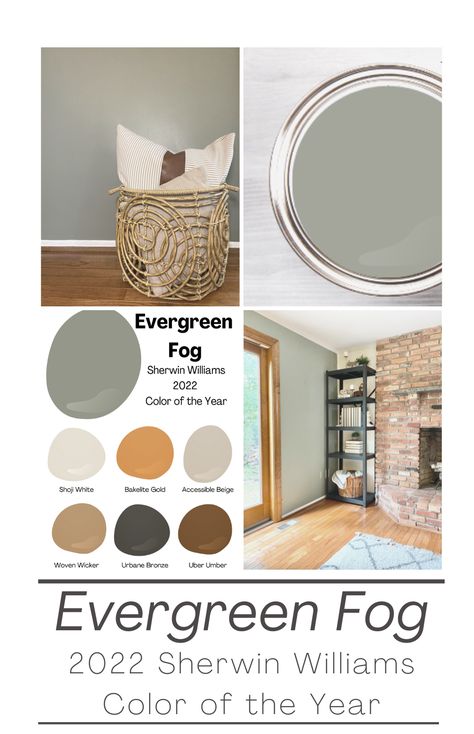 Small Sitting Room Paint Color Ideas, Evergreen Fog With Red Brick, Sw Evergreen Fog Accent Wall, Evergreen Fog Whole House Palette, Colors That Compliment Evergreen Fog, Evergreen Fog Trim Color, Living Room Evergreen Fog, Evergreen Fog In Living Room, Color Palette Evergreen Fog