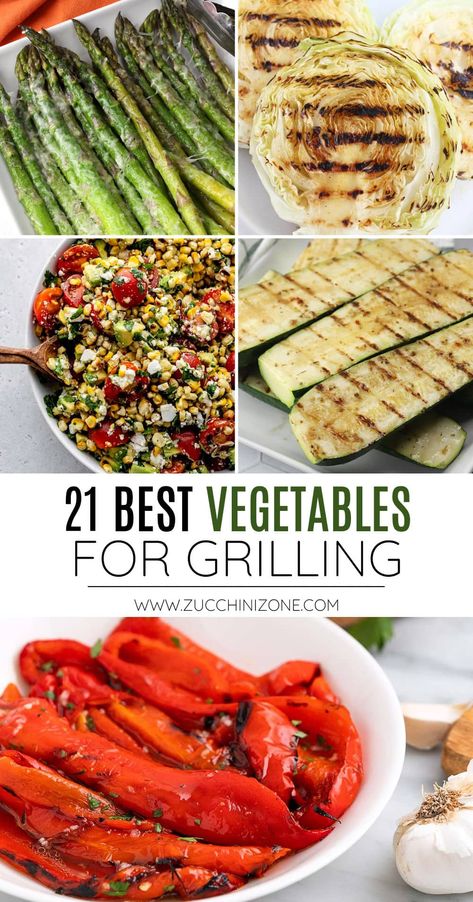 21 Best vegetables for grilling, a recipe roundup by Zucchini Zone. Looking to add more veggies to your grilling nights? Today I'm sharing the best vegetables for grilling, like zucchini, corn on the cob, and asparagus. You're sure to find a new side dish to enjoy this summer! #grilledvegetables #vegetables #grilling #grillingrecipes #summerrecipes Best Veggies To Grill, Summer Zucchini Recipes, Weber Grill Recipes, Best Grilled Vegetables, Grilled Okra, Zucchini Healthy, Bbq Feast, Grilled Broccolini, Garden Zucchini