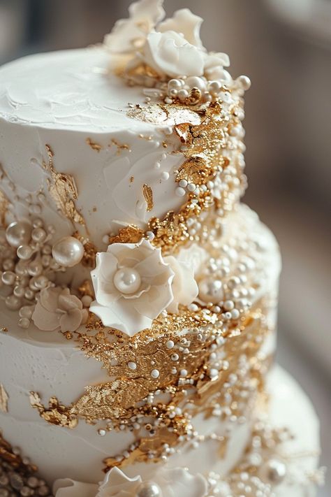 Wedding Cake Elegant Gold, Glamorous Wedding Cakes, Pearl Wedding Cake, Golden Wedding Cake, White And Gold Wedding Cake, Geode Cake Wedding, Metallic Wedding Cakes, Fancy Wedding Cakes, Royal Wedding Cake