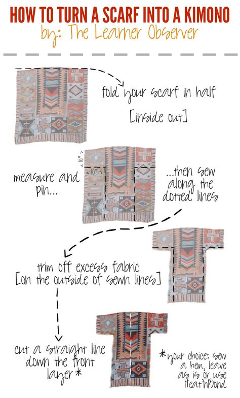 How to take a large scarf and turn it into a trendy kimono in under an hour and with no sewing machine! #kimono #springfashion #summerfashion #fashionDIY Kimono Tutorial, Diy Kimono, Sew Ins, Beginner Sewing Projects Easy, Kimono Pattern, Leftover Fabric, Sewing Projects For Beginners, Sewing Skills, Sewing For Beginners