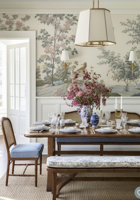 Feng Shui Dining Room, Colonial Interior, Classic Dining Room, Grand Millennial, Farmhouse Interior Design, Dining Room Wallpaper, Traditional Interior Design, Rooms Ideas, Rustic Dining Room