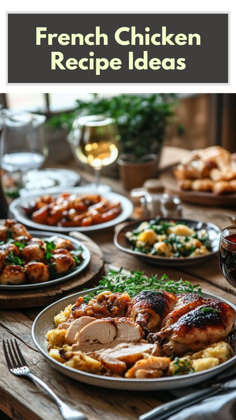 A delicious spread of French chicken dishes, including Coq au Vin and Chicken Fricassée, elegantly plated on a rustic table. French Chicken Breast Recipes, French Dinner Menu, French Christmas Food, French Food Party, French Chicken Dishes, French Chicken Recipes, French Recipes Authentic, French Dinner Parties, French Cuisine Recipes