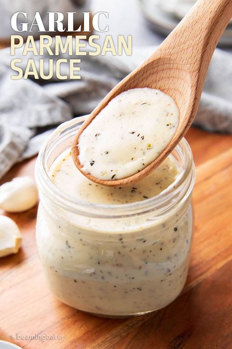 Thick, creamy garlic parmesan sauce is packed with decadent garlic, parmesan, and heavy cream. Delicious over pasta, as a dip, and more! Heavenly flavor. Perfect balance of garlic cheesiness with seasonings. | Recipe at BeamingBaker.com No Bake Healthy Cookies, Keto Alfredo, Creamy Garlic Parmesan Sauce, Homemade Italian Seasoning, Keto Alfredo Sauce, Garlic Butter Pasta, Garlic Pasta Sauce, Cream Sauces, Parmesan Cheese Sauce