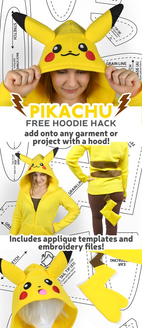 Free Pattern Friday! Pikachu Hoodie Hack – Choly Knight Pikachu Costume Kids, Pikachu Mask, Fleece Hat Diy, Choly Knight, Pokémon Crafts, Pikachu Hoodie, Pikachu Costume, Wardrobe Diy, Hoodie Sewing Pattern