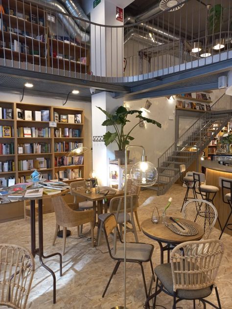 Coffee Shop Library Design, Coffee And Library Shop, Two Story Coffee Shop, Book Store Cafe Aesthetic, Book Store And Coffee Shop, Bookshop Cafe Design, Library And Coffee Shop, Cafe Bookstore Interior Design, Bookstore With Cafe