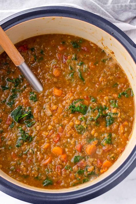 Upgrade your lentil soup game with this flavorful Lentil Kale Soup! Loaded with aromatic spices, hearty lentils, and nutritious kale and carrots, it's perfect for a nourishing meal. This lentil soup is meal prep and freezer friendly. Red Lentil Kale Soup, Lentils And Kale Recipe, Kale Lentil Soup, Lentil And Kale Soup, Lentil Kale Soup, Lentil Kale, Vegan Family Dinner, Quinoa Soup, Soup With Ground Beef