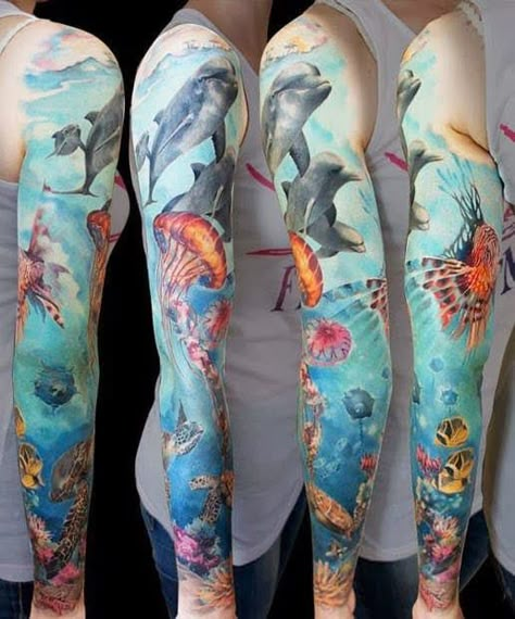 20 Realistic Nature Tattoo Sleeves | Tattoodo Nature Tattoo Sleeve Women, Natur Tattoo Arm, Sea Life Tattoos, Ocean Sleeve Tattoos, Underwater Tattoo, Ocean Sleeve, Nature Tattoo Sleeve, Dolphins Tattoo, Ocean Tattoo