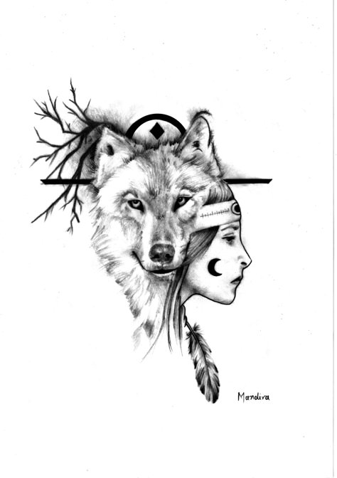 Native american girl with wolf realistic tattoo design by Mandira Kurt Tattoo, Native American Wolf Tattoo, Wolf Girl Tattoos, Native American Tattoo Designs, Indian Wolf, Tattoo Wolf, Native American Tattoo, Native Tattoos, Native American Tattoos