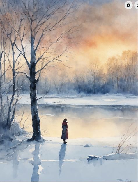 Family Watercolor Painting, Christmas Landscape Photography, Watercolor Winter Scenes, Frozen Watercolor, Watercolor Winter Landscape, Watercolour Winter, Landscape Painting Watercolor, Sky Art Painting, Watercolor Paintings Nature