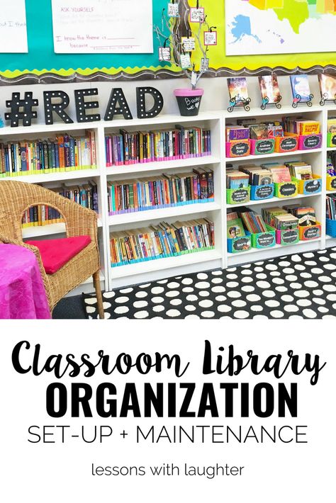 Ideas for organizing a colorful classroom library from Lessons with Laughter Classroom Library Labels, Classroom Library Organization, Classroom Libraries, Laptop Organization, Library Labels, Colorful Classroom, Classroom Tour, Reading Strategy, Library Organization