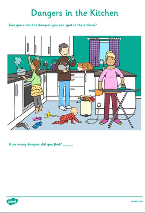 A simple worksheet for children to understand safety in the kitchen. Can they identify all the dangers? Sign up to Twinkl to download this resource. #safety #healthandsafety #teaching #parenting #childminders #homeeducation #worksheet #kitchen #home #twinkl #twinklresources #teachingresources Kitchen Safety Activities Preschool, Safety At Home For Kids Worksheets, Kitchen Safety Worksheets, Kitchen Safety Activities, Home Safety For Kids, Safety In The Kitchen, Safety Worksheets, Teaching Safety, Safety Activities