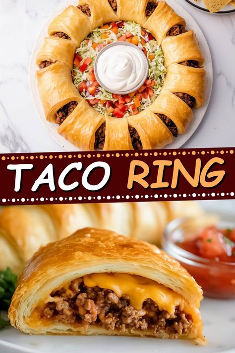 Taco Ring With Crescent Rolls, Crescent Roll Taco Ring, Taco Crescent Ring, Crescent Roll Taco, Using Crescent Rolls, Taco Ring, Hashbrown Recipes, Easy Party Food, Crescent Roll Recipes