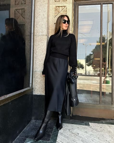 In the mood for fall 🍂 and so excited for boot season! | Instagram Long Black Boots Outfit, Black Dresses With Boots, Long Boots Outfit, Fall Chic Outfits, Black Dress Boots, Black Satin Skirt, Satin Skirt Outfit, Black Boots Outfit, Long Skirt Outfits