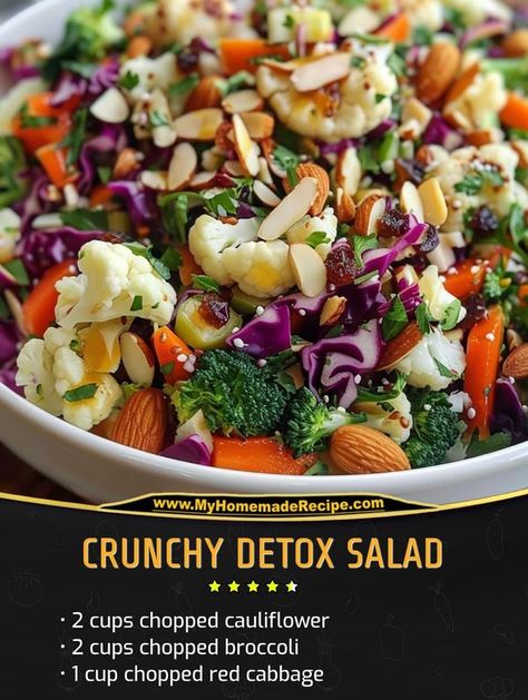 Family Cookbook | Crunchy Detox Salad | Facebook Healthy Dressings, Iceberg Salad, Salads Lunch, Macro Food, Plant Recipes, Chopped Broccoli, Simple Sides, White Grapes, Chicken Bowl Recipe