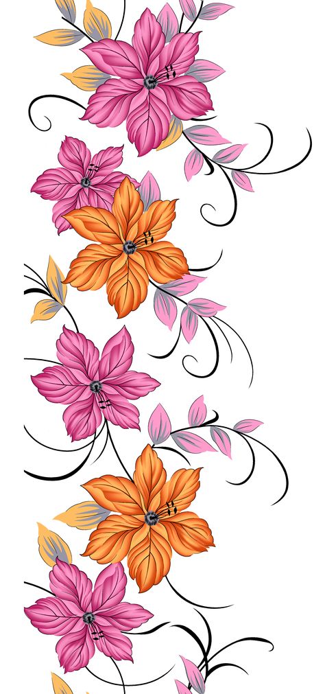 Flower Drawing Digital, Digital Border Design, Flower Border Png, Digital Border, Botanical Flower Art, Floral Textile, Flower Drawing Design, Folk Art Flowers, Print Design Art