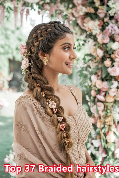 Explore the beauty of Indian braided hairstyles that blend tradition with modern flair. This enchanting double braid adorned with flowers is perfect for weddings, festivals, or casual outings. Detailed weaving techniques highlight the elegance of your hair, making it a mesmerizing choice for any occasion. Get inspired to embrace your roots and elevate your style with this stunning look! Braids Hairstyles For Indian Wedding, Braids Indian Hairstyles, Indian Braided Hairstyles Wedding, Indian Hairstyles Braid, Bridal Braid Hairstyle, Indian Wedding Braid, Braid Bridal Hairstyles, Indian Braided Hairstyles, Wedding Hair Braid