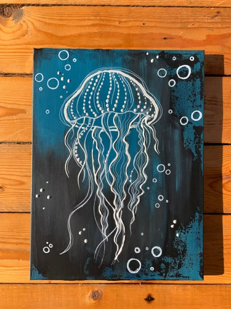 Cute Animals To Paint, Save Water Painting, Long Canvas Ideas, Ocean Painting Ideas On Canvas, Painting Ideas Art Acrylic, Simple Jellyfish Painting, Cute Jellyfish Painting, Whimsical Painting Ideas, Unique Paintings Creative