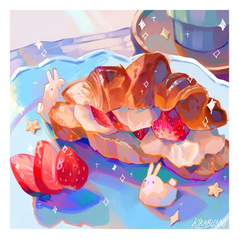 Strawberry Croissant, Idea Illustration, 귀여운 음식 그림, Foodie Art, Food Artwork, Food Illustration Art, Food Drawings, Cute Food Art, Food Painting